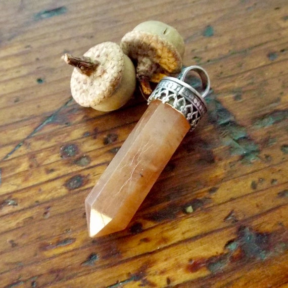 Carnealian and Silver Crystal Pendant and Silver Chain, Fancy Bezel, Polygon Carved Gemstone