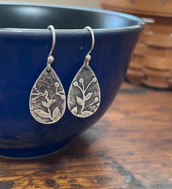 Silver Leaf Earrings, Sterling Silver, Teardrop Dangles