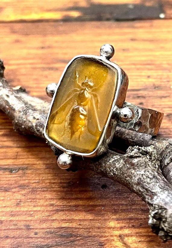 Amber Glass Bee Ring in Sterling Silver Setting