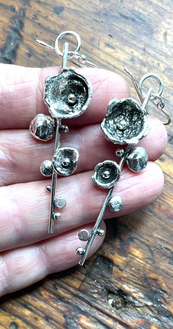 Hollyhocks Silver Earrings, Sterling Fantasy Flowers