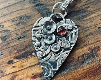 Rose Cut Garnet Heart on a Filigree Background with Flowers and Leaves, Sterling Pendant, Silver Chain Necklace