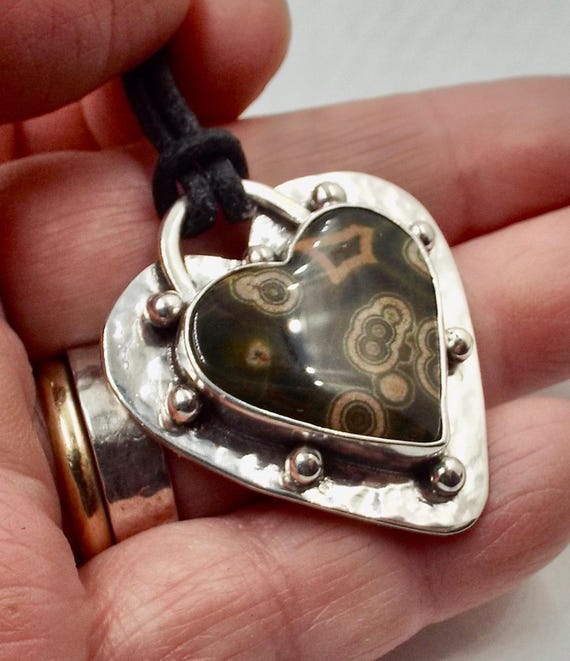 Ocean Jasper Heart Pendant, Sterling Silver Setting and Vegan Leather Cord