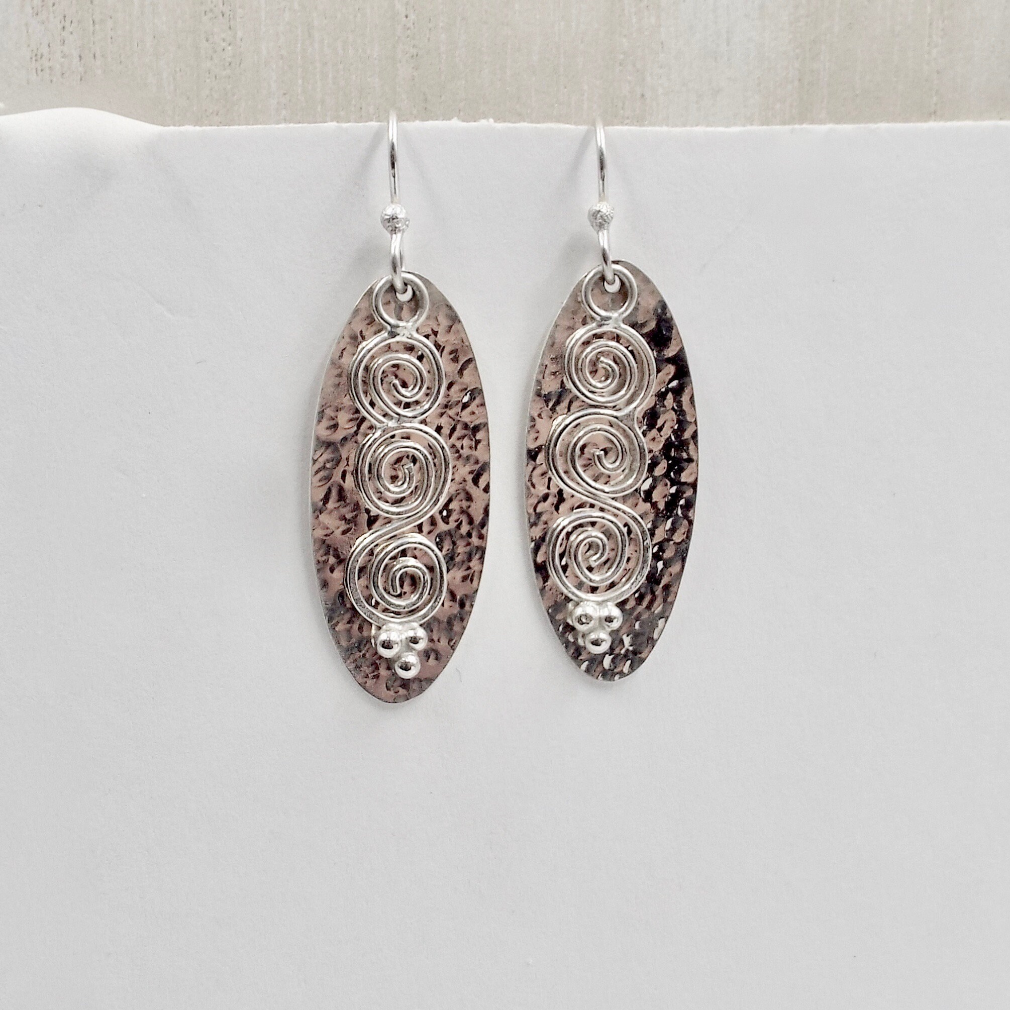 Hammered Oval Earrings with Silver Wire Spirals, Sterling Jewelry, Hand