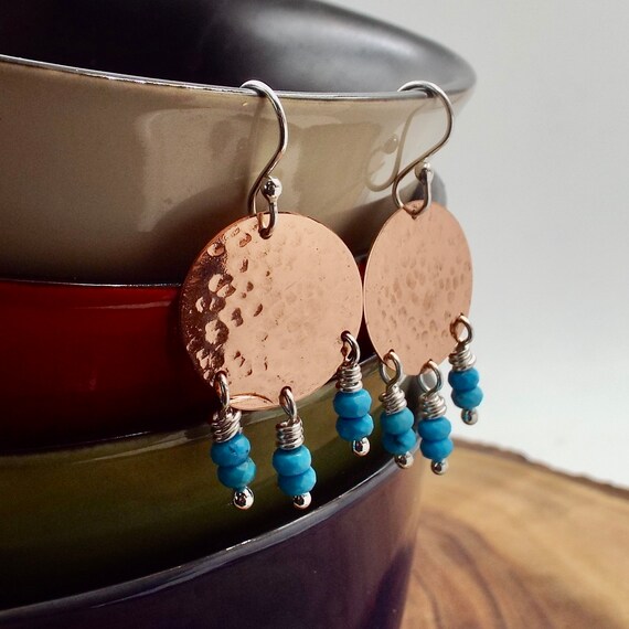 Hammered Copper With Turquoise Beads Earrings
