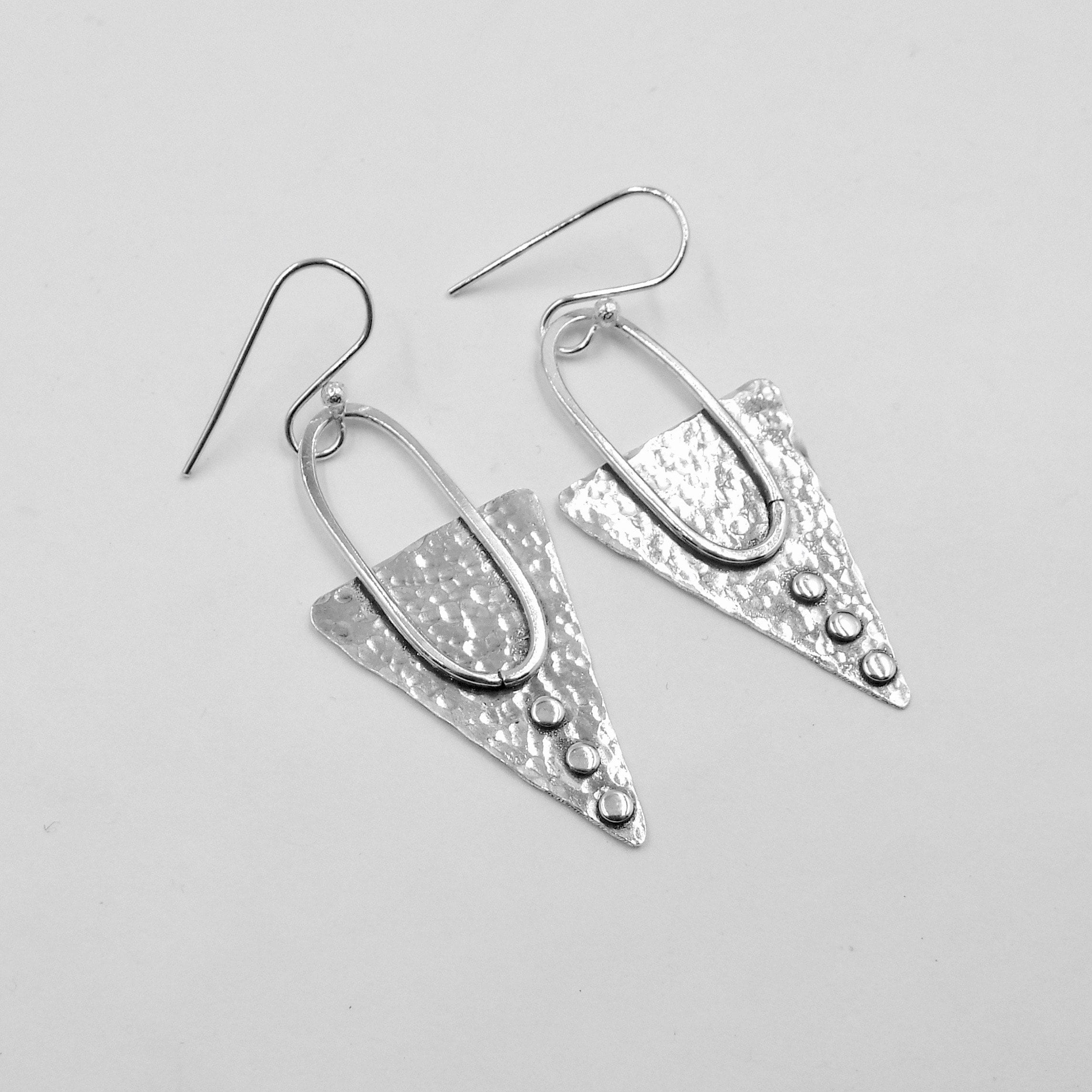 Hammered Triangle Earrings With Hoop And Dots, Sterling Silver