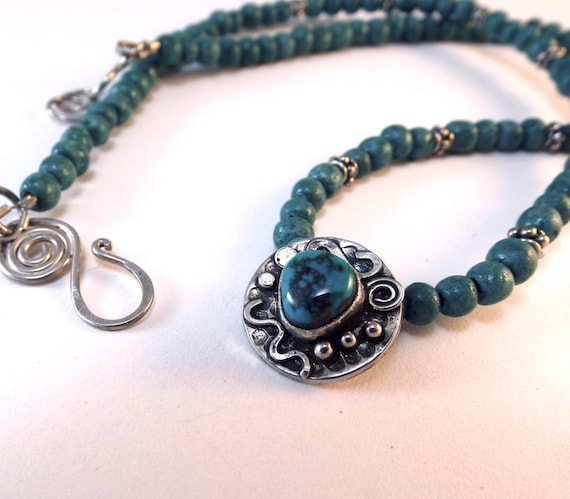 Turquoise and Sterling Pendant with Bali Style Beads and Blue Green Limestone Necklace
