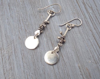 Sterling Wrapped Balls Around a Post with Shiny Circles Earrings, Rustic Dangles