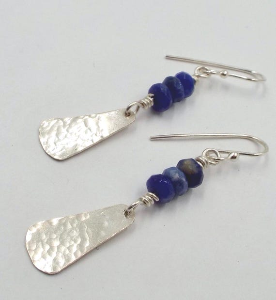 Hammered Silver Triangle Earrings With Faceted Sodalite Beads, Sterling And Gemstone Earrings