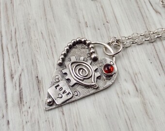 Silver Heart Pendant, Love? Pendant with a Garnet Gemstone, All Seeing Eye and Silver Chain Necklace