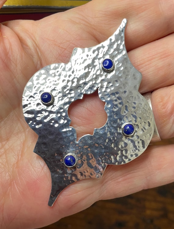 Sterling Silver Pendant, Moroccan Inspired Hammered Medallion with Lapis Gemstones