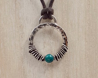 Turquoise And Silver Hammered And Wire Wrapped Pendant, Heavy Gauge Silver