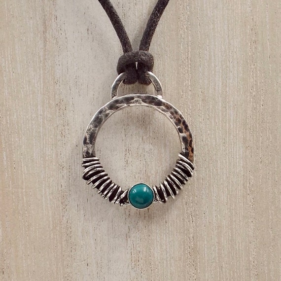 Hammered Sterling Silver Turquoise Pendant, Wire Wrapped Necklace