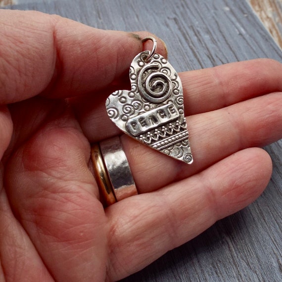 Fancy Heart Pendant with Spirals, Words and Pretty Trim