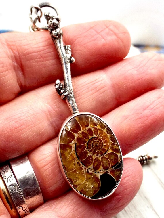 Ammonite and Silver Twig Pendant with Oxidized Beaded Chain