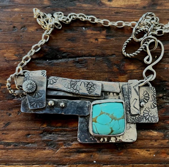 Arizona Turquoise and Sterling Silver Pendant and Necklace, Choker Style, Abstract, Scrap Fusing with Front S-Hook Closure