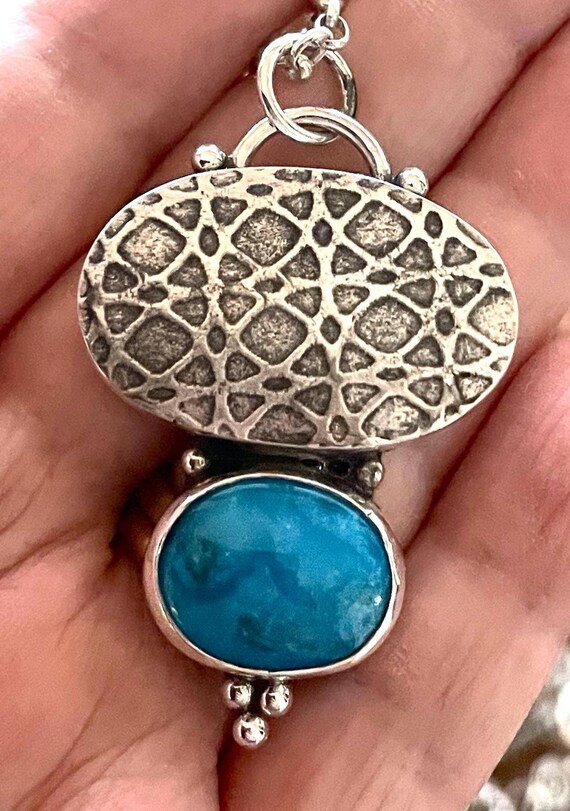 Blue Basin Turquoise and Hollow Formed Pendant with Geometric Patterns, Sterling Necklace
