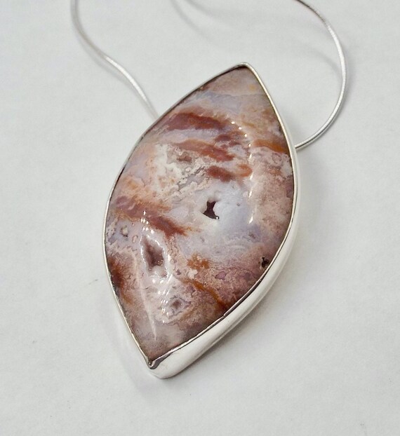 Pink Agate with Druzy Pockets Almond Shaped Pendant in Sterling Silver Setting.