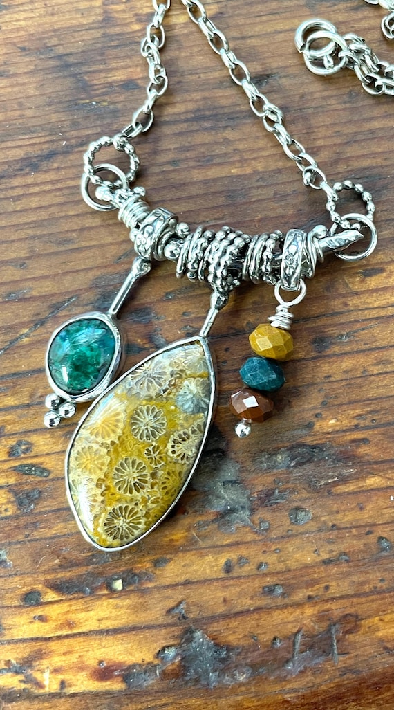 Fossil Coral,Turquoise and Faceted Ocean Jasper Necklace in Sterling Silver