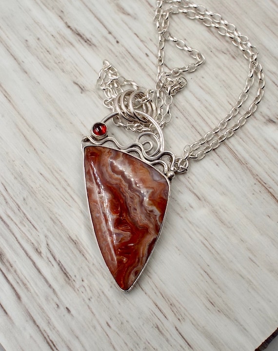 Plume Agate, Sterling Silver and Garnet Pendant and Necklace, Beautiful Patterned Gemstone