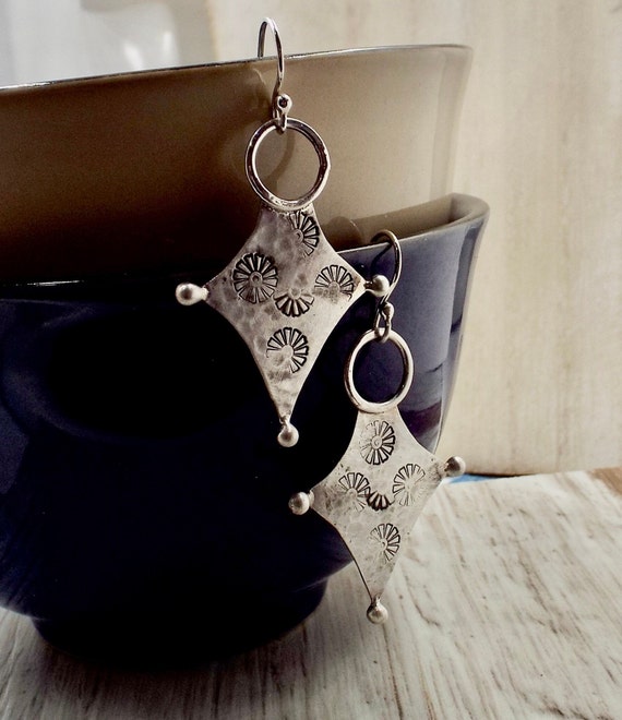 Ethiopian Inspired Stamped Silver Earrings, Ball Tipped Triangles