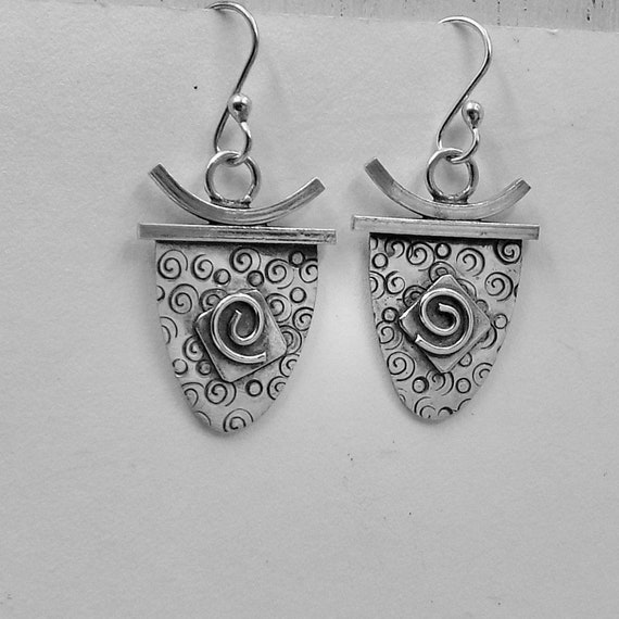 Shield Shaped Earrings With Square Wire Details And Spiral Accents, Sterling Silver