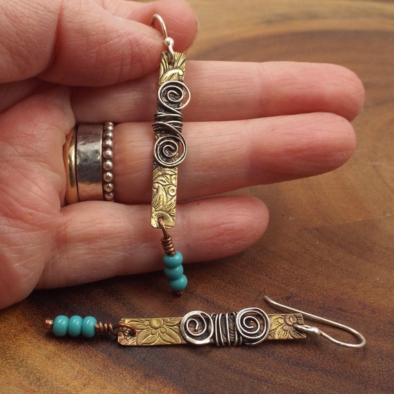 Mixed Metal Earrings With Patterned Brass, Sterling And Turquoise Glass Beads