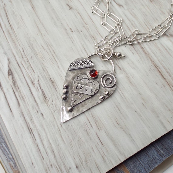 Silver Skinny Heart Pendant with Spiral, Silver Balls and Garnet Gemstone and Paperclip Chain