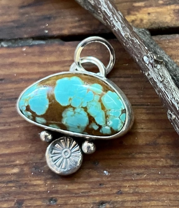 Turquoise Pendant with Stamped and Beaded Accents, Sterling Silver
