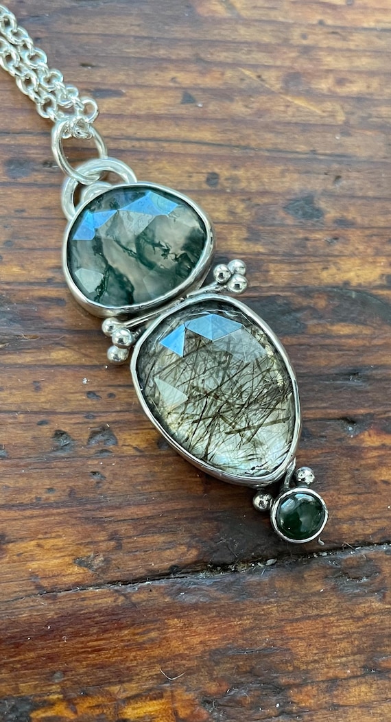 Moss Agate, Rutilated Green Quartz and Nephrite Jade Pendant in Sterling silver