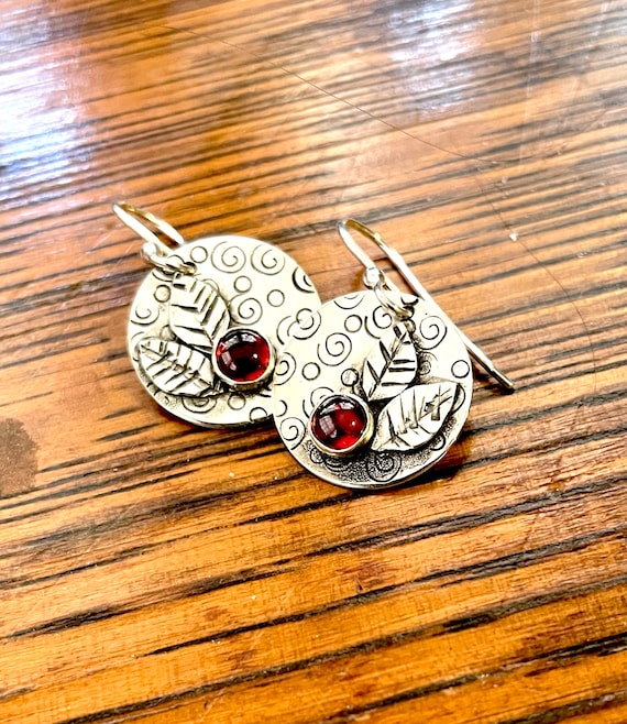 Garnet Berries and Leaves Silver Earrings