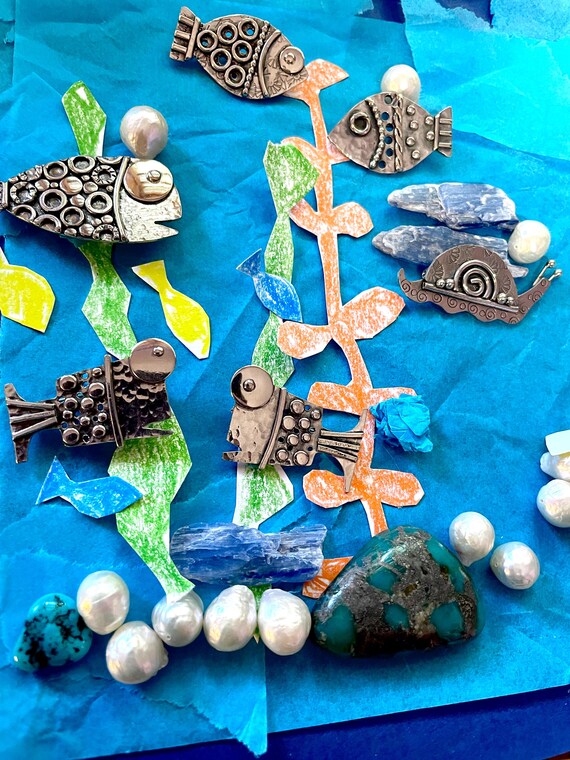 Undersea Creatures, Fish and Snail Scatter Pins in Sterling Silver, Oceanic fun