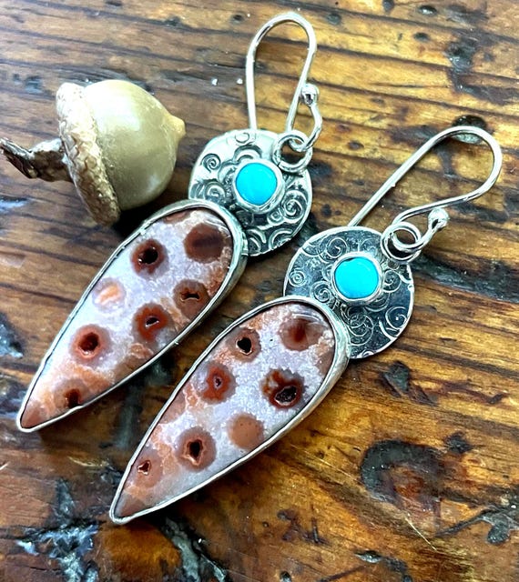 Kingman Turquoise and Polka Dot Fossil Coral Earrings Handmade in Sterling Silver