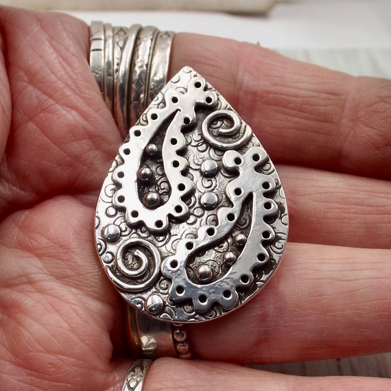 Paisley Teardrop Pendant with Spirals, Dots, Balls on a Spiral Stamped Background, Heavy Weight Statement Piece, Sterling Silver
