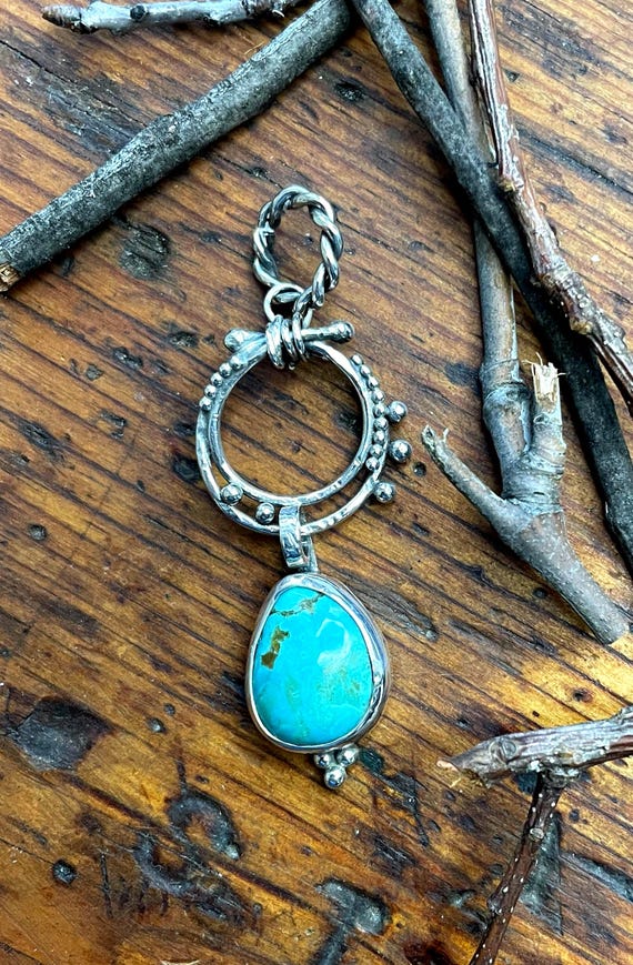 Silver Circle Pendant with Teardrop of Kingman Turquoise