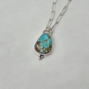 Number Eight (Old Stock) Turquoise Pendant with Serrated Bezel, Sterling Setting and Silver Paperclip Chain