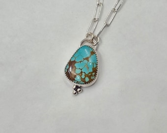 Number Eight (Old Stock) Turquoise Pendant with Serrated Bezel, Sterling Setting and Silver Paperclip Chain