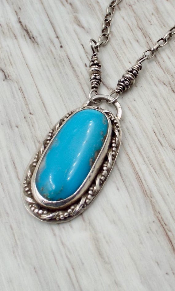 Blue Basin Kingman Turquoise Pendant, Sterling Silver Chain and Bali Beads