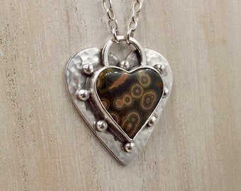 Ocean Jasper Heart with Hammered Silver and Silver Balls, Sterling Chain