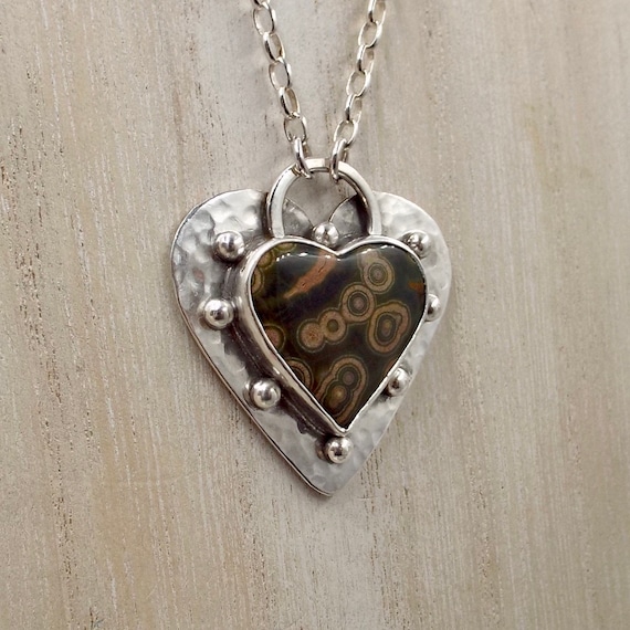 Ocean Jasper Heart with Hammered Silver and Silver Balls, Sterling Chain