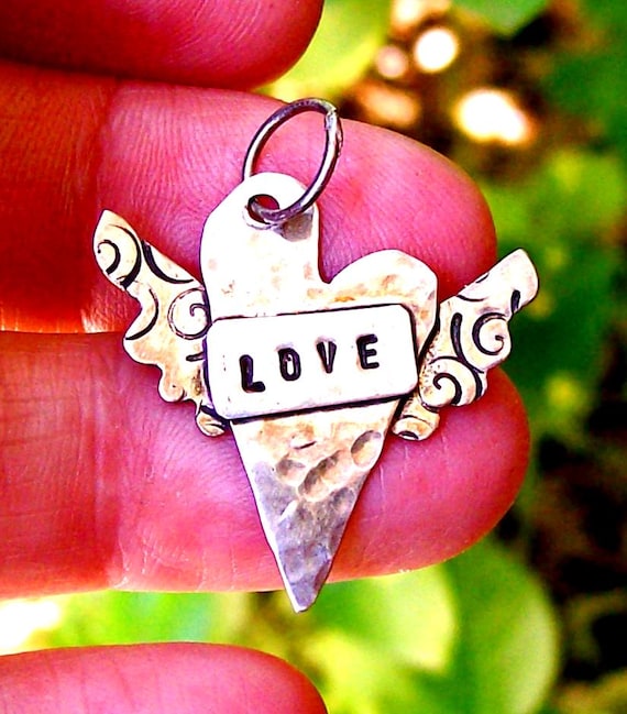 Winged Heart Sterling Love Pendant , Hammered Necklace, Stamped Silver Jewelry