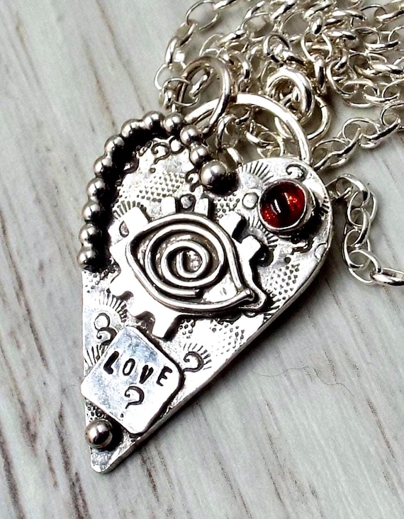 Handmade Silver Heart Pendant: Garnet Gemstone, All Seeing Eye Necklace