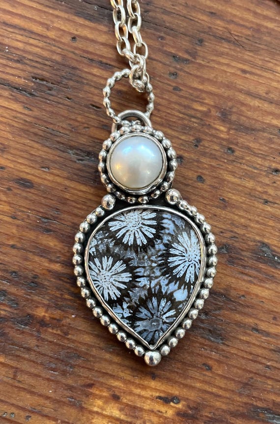 Black and White Fossil Coral and Pearl Pendant
