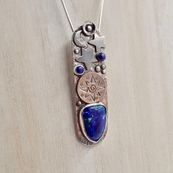 Azurite and Lapis Pendant with Celestial Moon and Stars, Sterling Silver Pendant