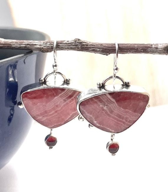 Rhodochrosite and Garnet Earrings, Sterling Silver Jewelry