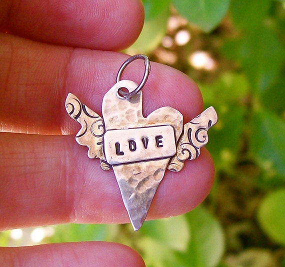 Winged Heart Sterling Love Pendant , Hammered Necklace, Stamped Silver Jewelry