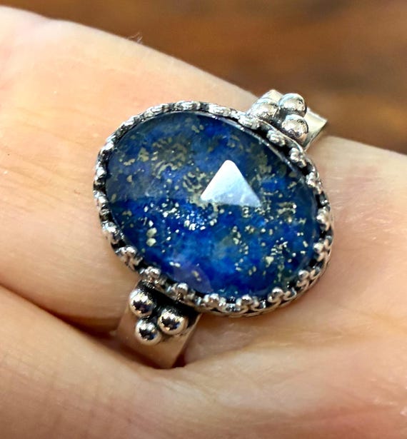 Handmade Sterling Silver Ring, Fancy Gallery Wire, Rose Cut Lapis Quartz Size 7 1/2