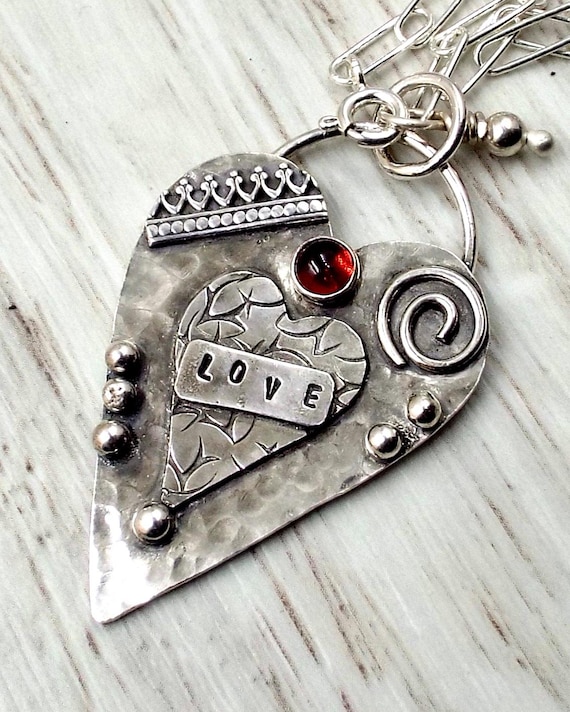 Handmade Sterling Silver Heart Pendant: Garnet Gemstone, Paperclip Chain