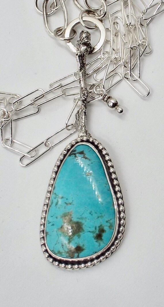 Tyrone Turquoise and Silver Twig Pendant with Paperclip Chain