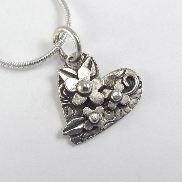 Herz und Blume Anhänger, asymmetrisch Sterlingsilber Schmuck