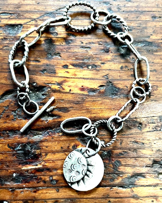 Celestial Charm Bracelet with a Toggle Closure, Boho Variety of Links in Sterling Silver